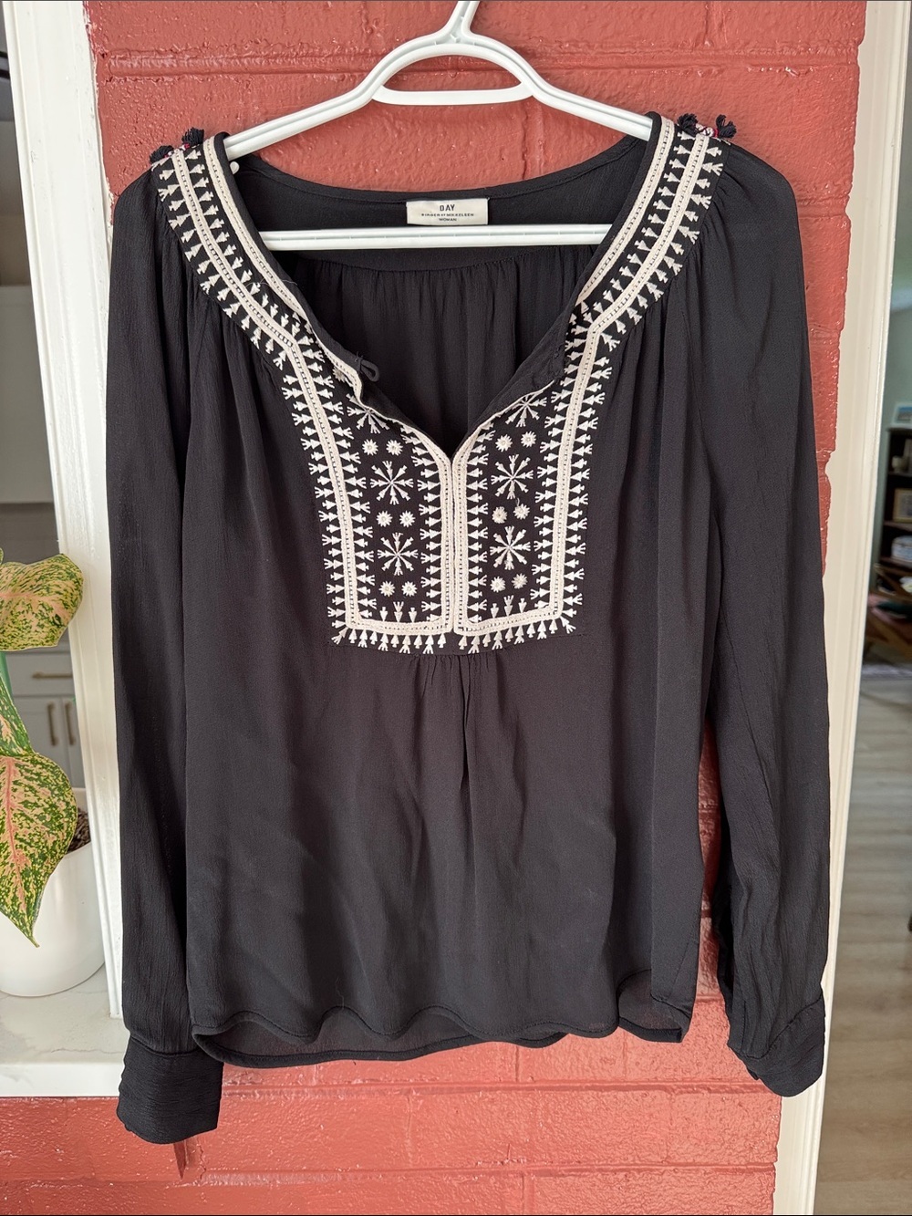 Day Birger Et Mikkelsen Black Boho Long Sleeve Embroidered Blouse EU 36/Size 4